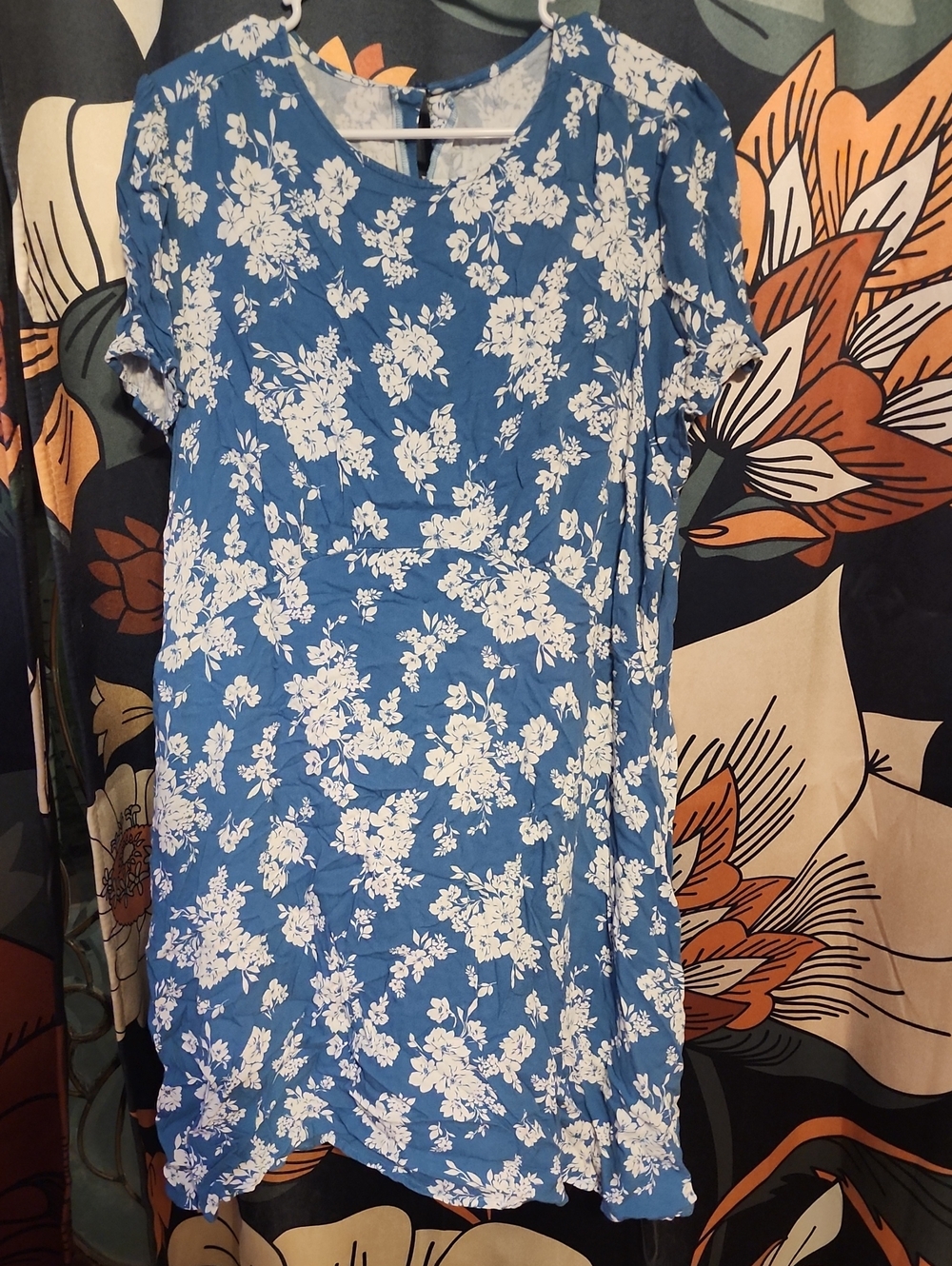 Blue Floral Short-Sleeve Midi Dress